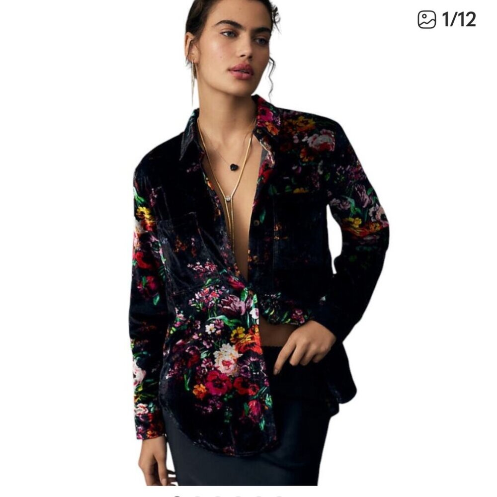 Anthropologie Pilcro Black Floral Velvet Button-Down Shirt LP